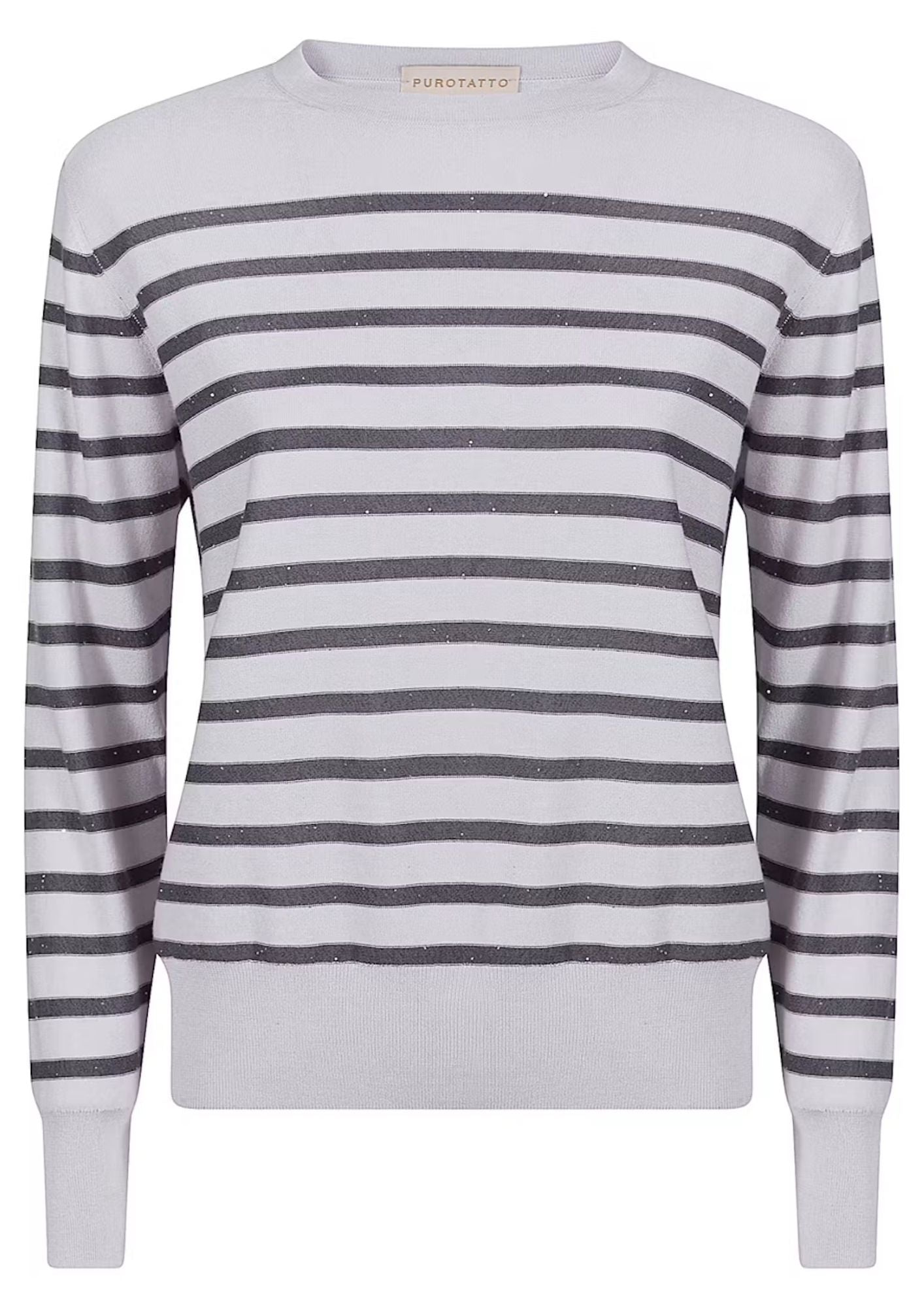 PUROTATTO Round Neck Sweater - Silver and Anthracite Stripe