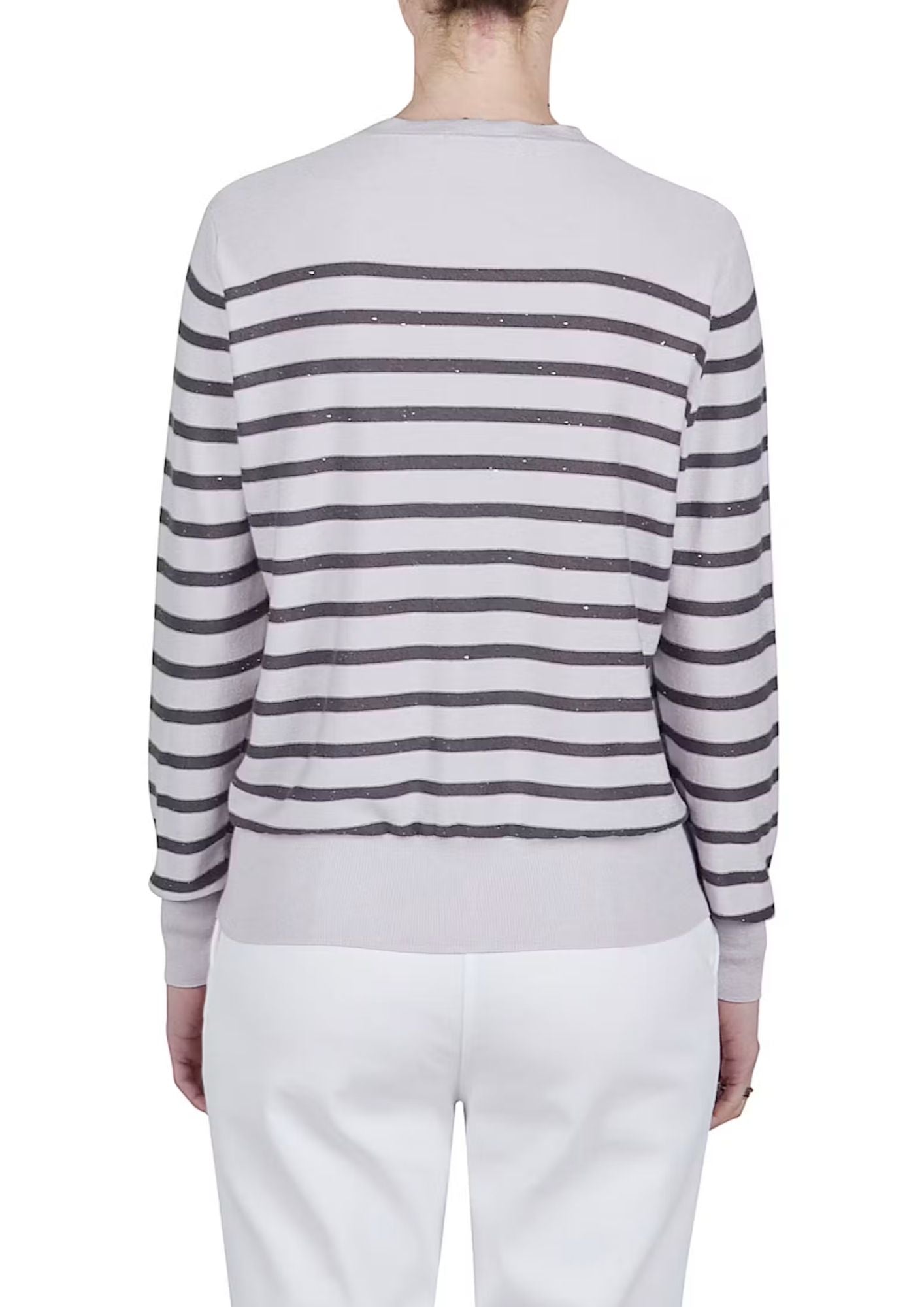 PUROTATTO Round Neck Sweater - Silver and Anthracite Stripe