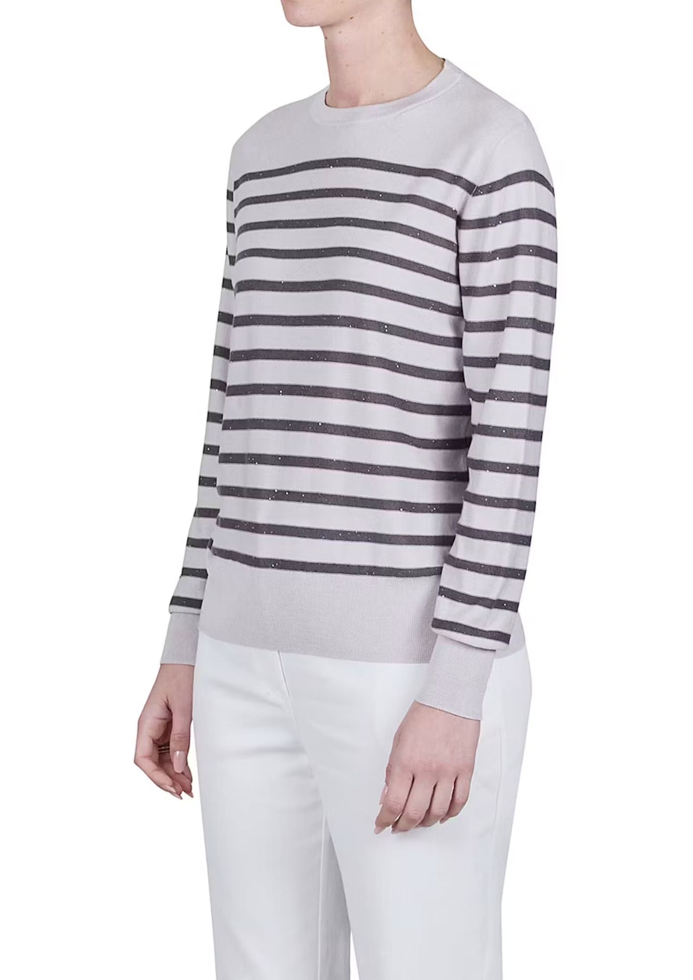 PUROTATTO Round Neck Sweater - Silver and Anthracite Stripe