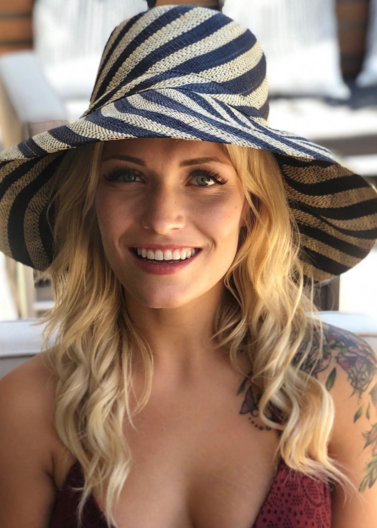 SHEBOBO Monica 5" Wide Brim Packable Straw Sun Hat - Black Stripe