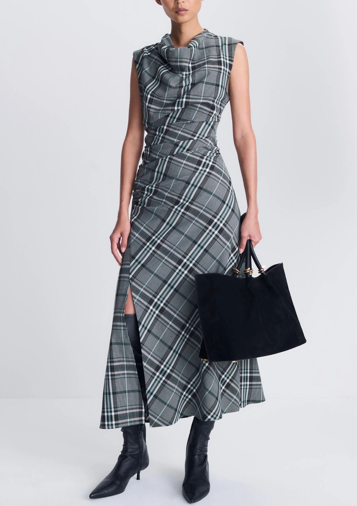 SIMKHAI Burke Sleeveless Draped Midi Dress - Everglade Plaid