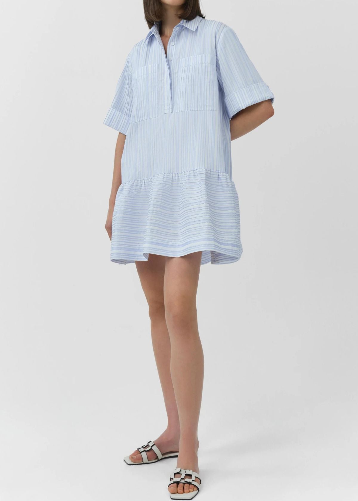 SIMKHAI Cris Short Sleeve Shirt Dress - Blue Stripe