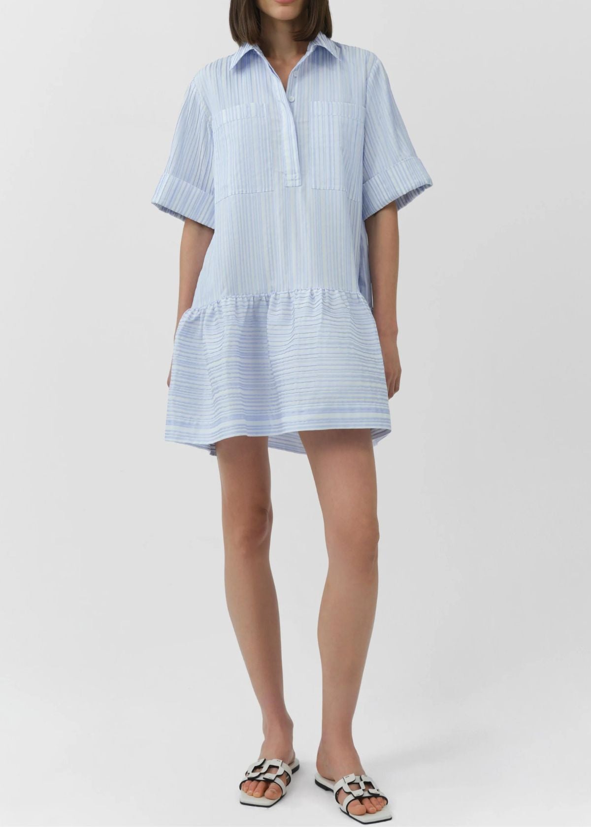 SIMKHAI Cris Short Sleeve Shirt Dress - Blue Stripe
