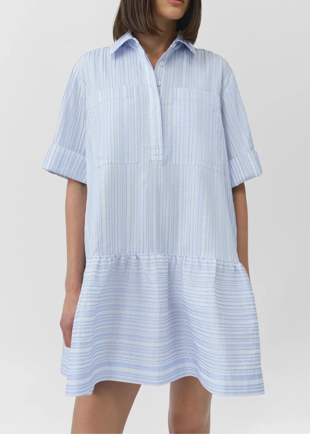 SIMKHAI Cris Short Sleeve Shirt Dress - Blue Stripe