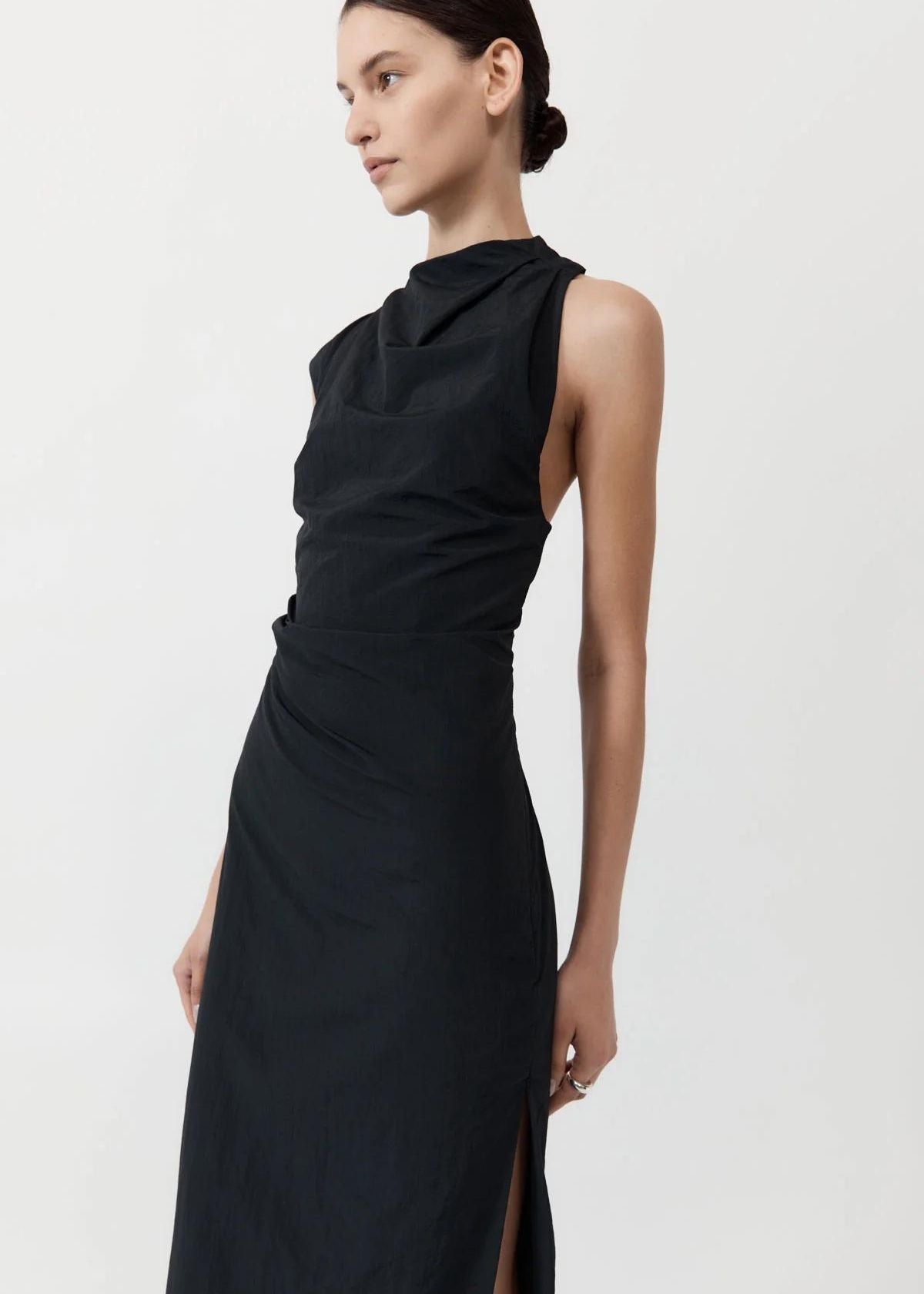 ST. AGNI Asymmetrical Tuck Dress - Black