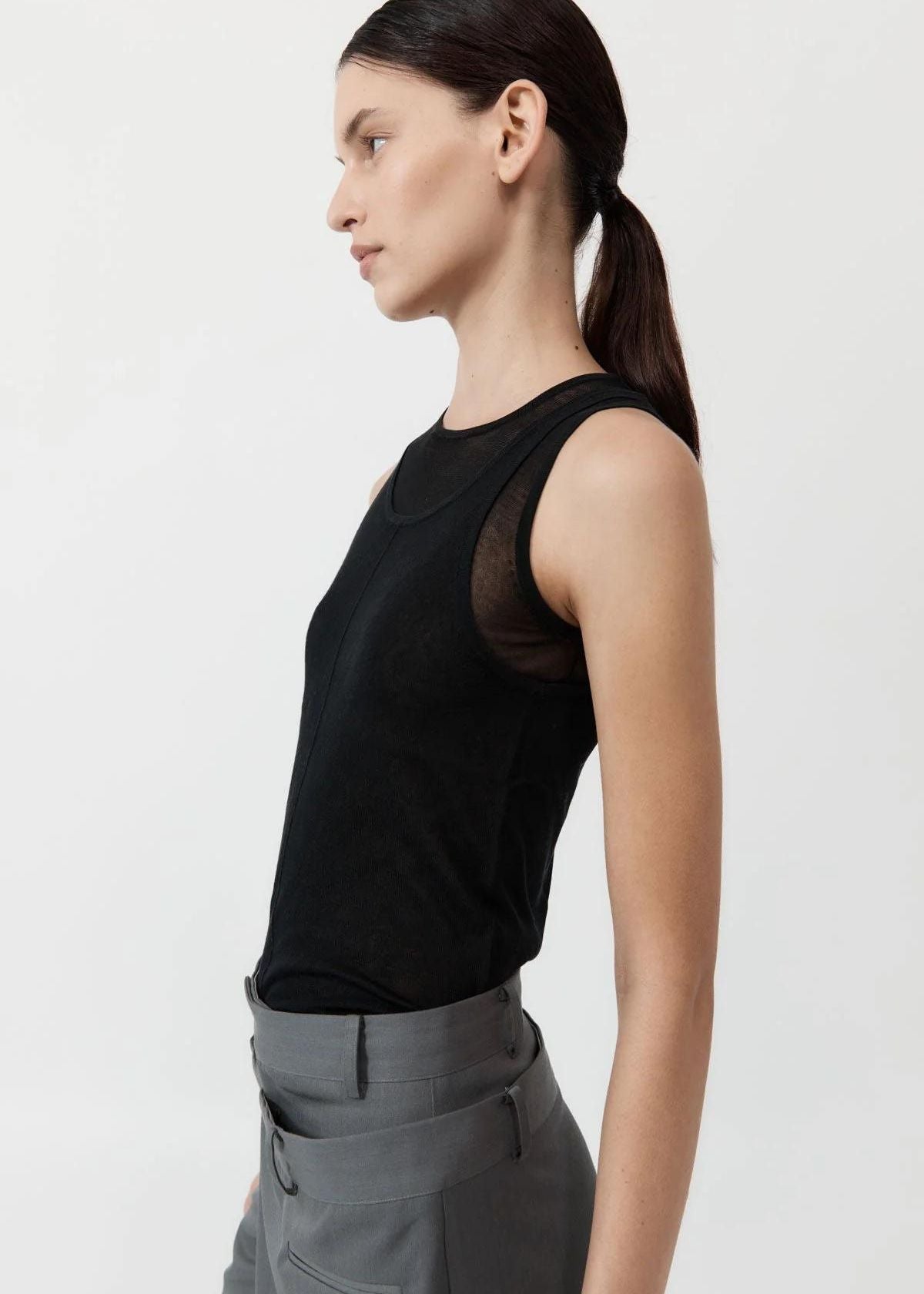 ST. AGNI Semi Sheer Double Layer Tank Top - Black