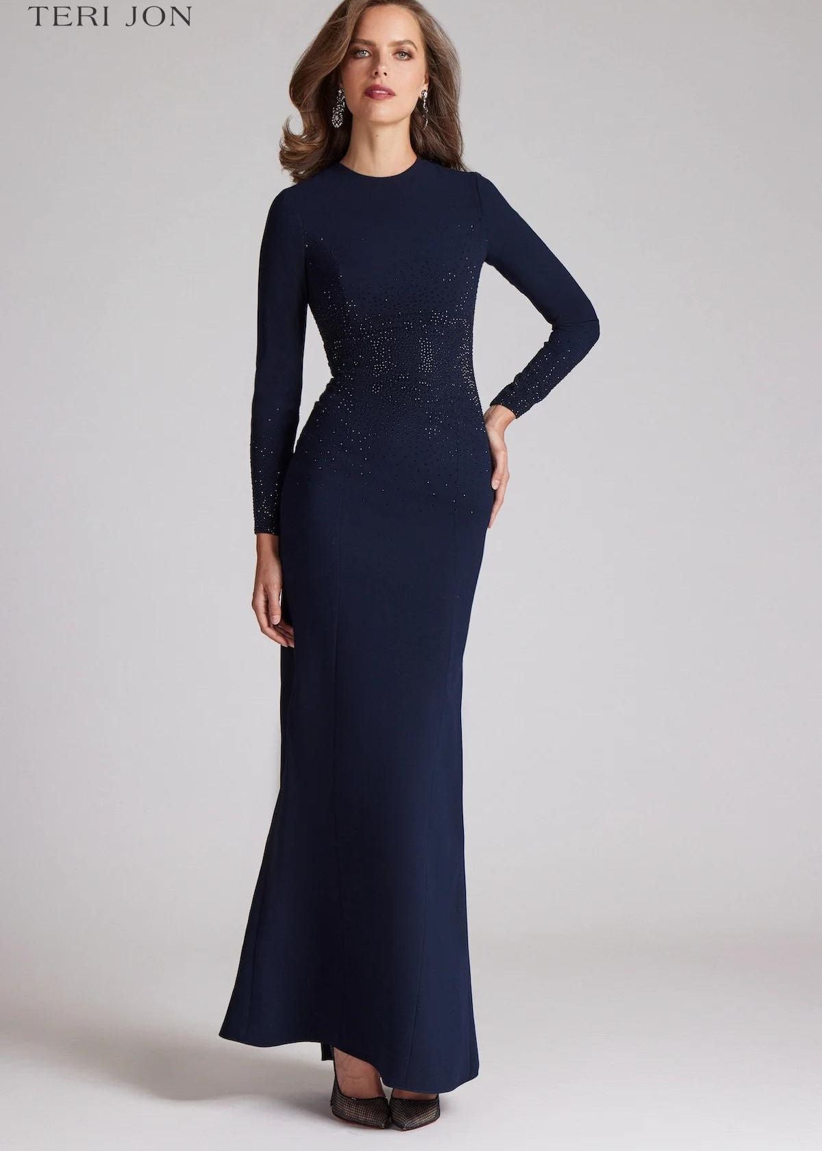 TERI JON Crepe Beaded Long Sleeve Gown - Midnight