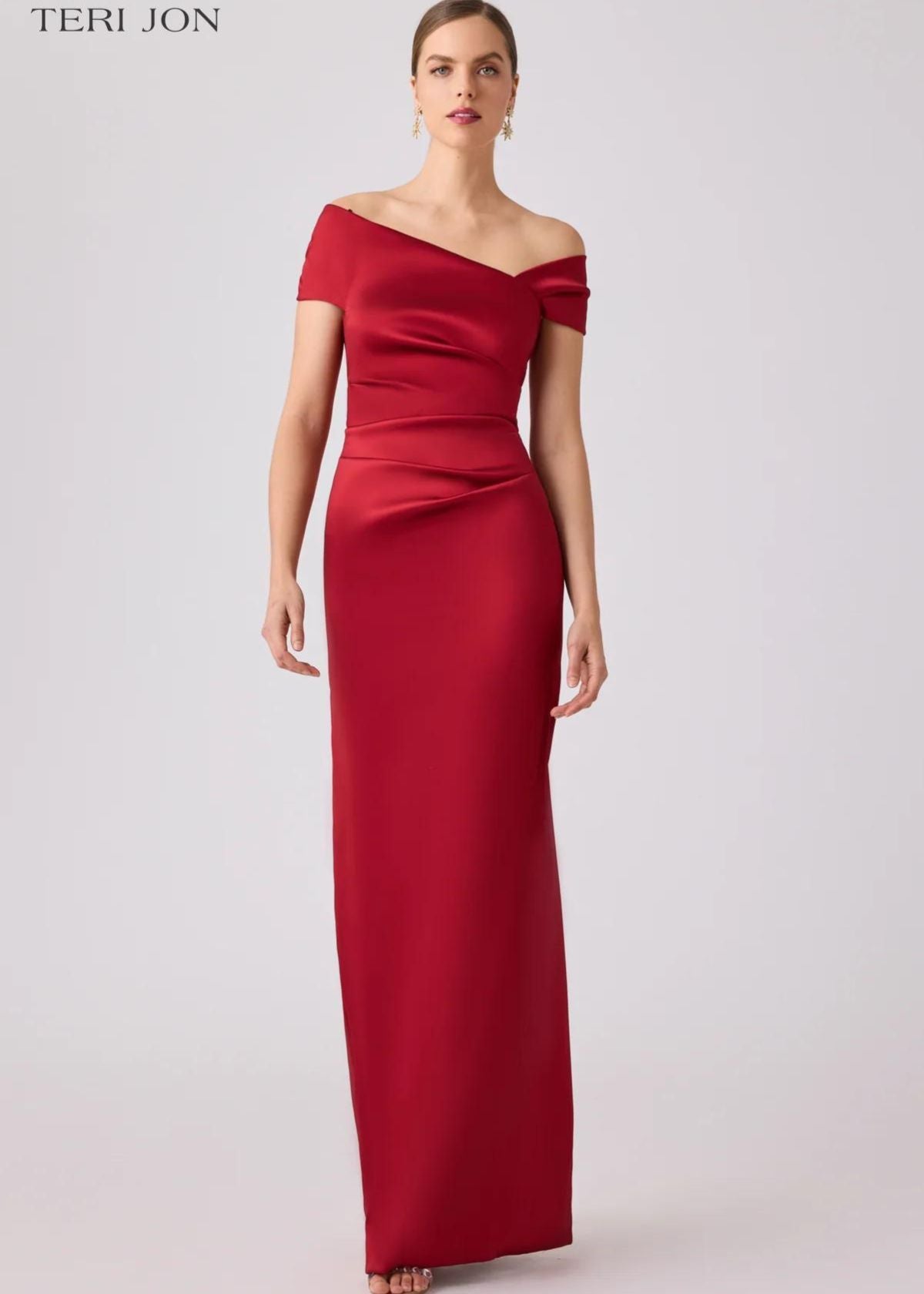 TERI JON Stretch Gazar Ruched Gown - Garnet