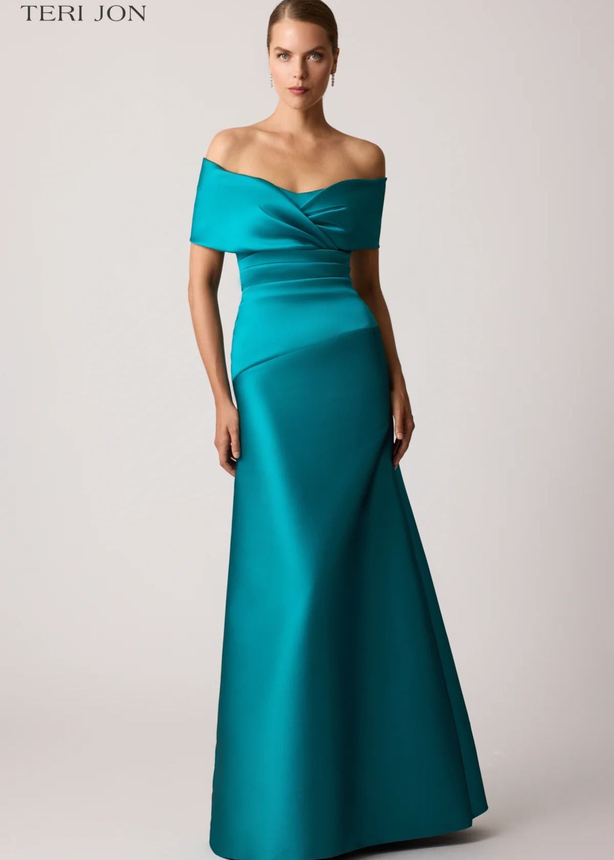 TERI JON Stretch Mikado Off Shoulder Ruched Gown - Teal TERI JON Stretch Mikado Off Shoulder Ruched Gown - Teal