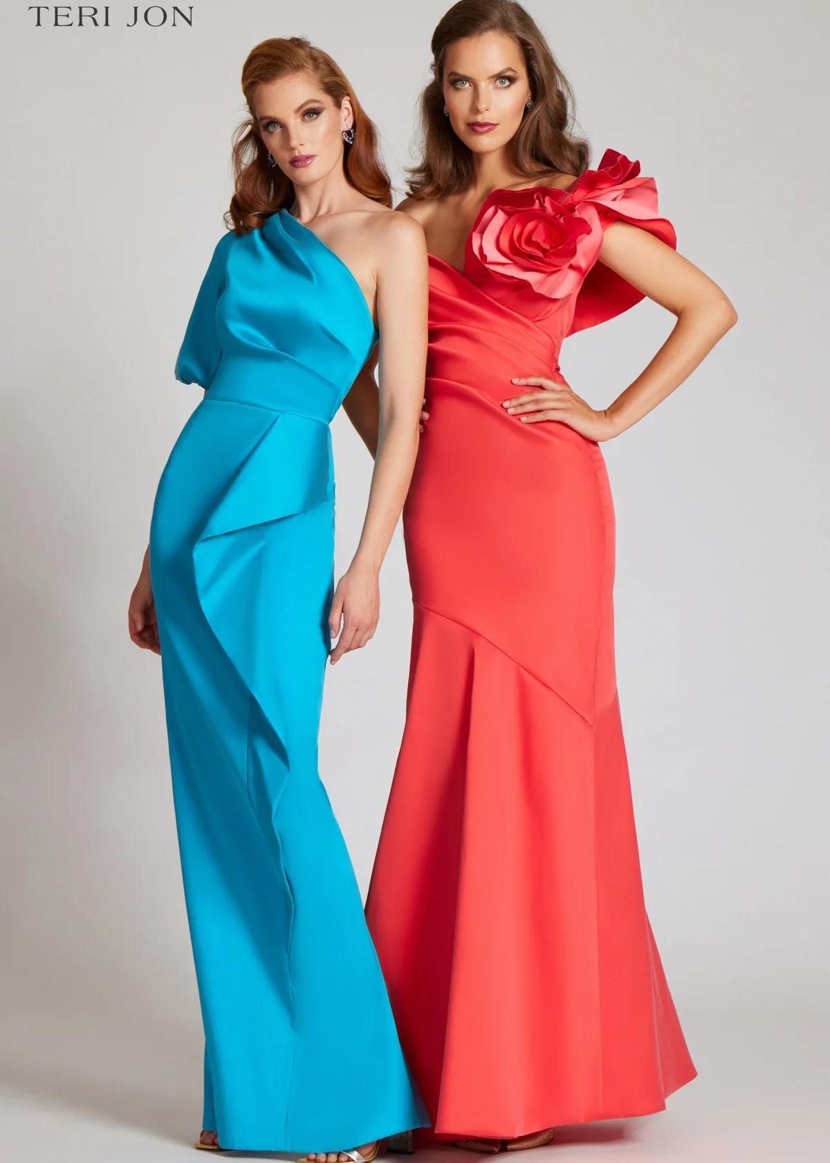 TERI JON Stretch Gazar Off The Shoulder Side Drape Gown - Tangerine