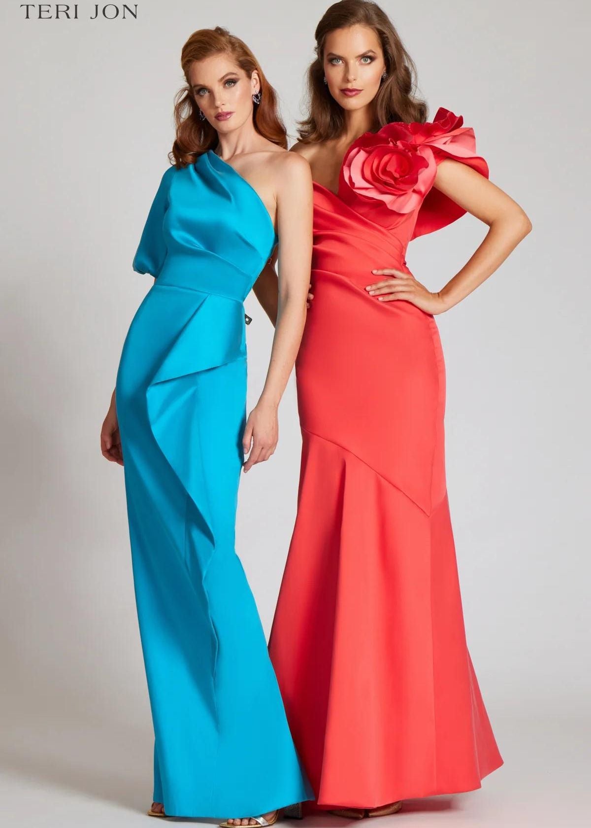 TERI JON Stretch Gazar Off The Shoulder Side Drape Gown - Tangerine