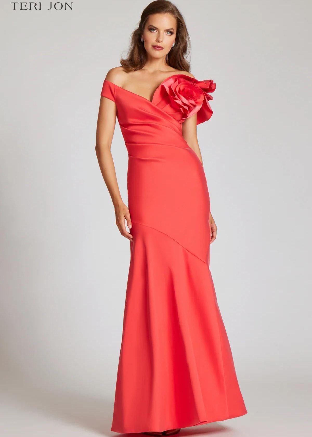 TERI JON Stretch Gazar Off The Shoulder Side Drape Gown - Tangerine