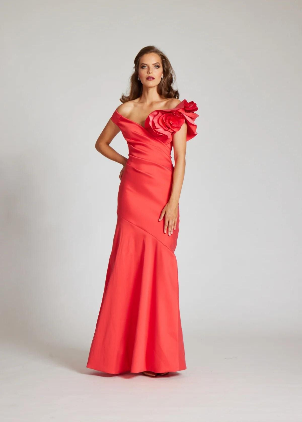 TERI JON Stretch Gazar Off The Shoulder Side Drape Gown - Tangerine