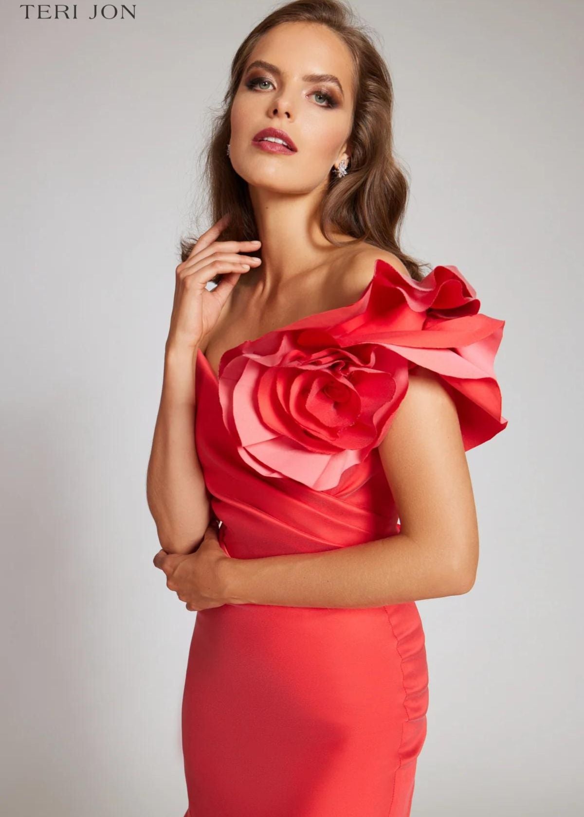 TERI JON Stretch Gazar Off The Shoulder Side Drape Gown - Tangerine