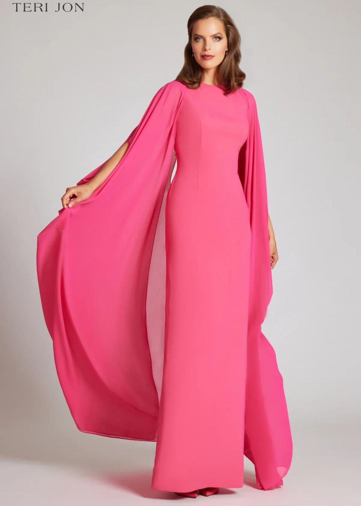 TERI JON Crepe Column Gown with Chiffon Overlay - Watermelon