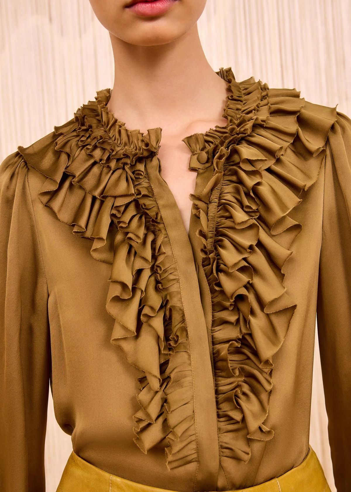 ULLA JOHNSON Rouen Silk Ruffle Front Top - Willow