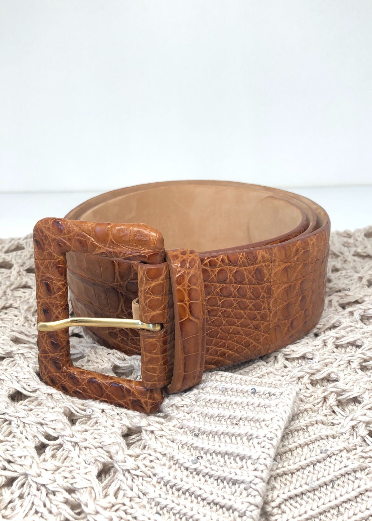 W.KLEINBERG Wide Matte Caiman Crocodile Belt with Covered Buckle - Cognac