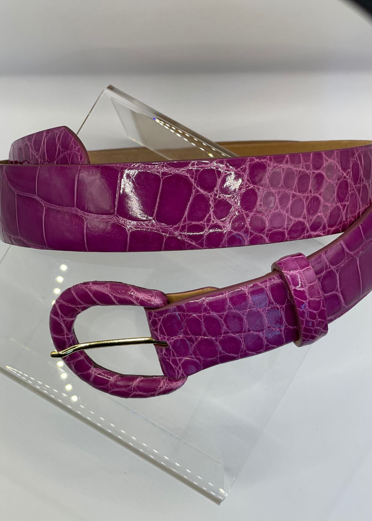 W.KLEINBERG Glazed Alligator Belt with Covered Buckle - Magenta