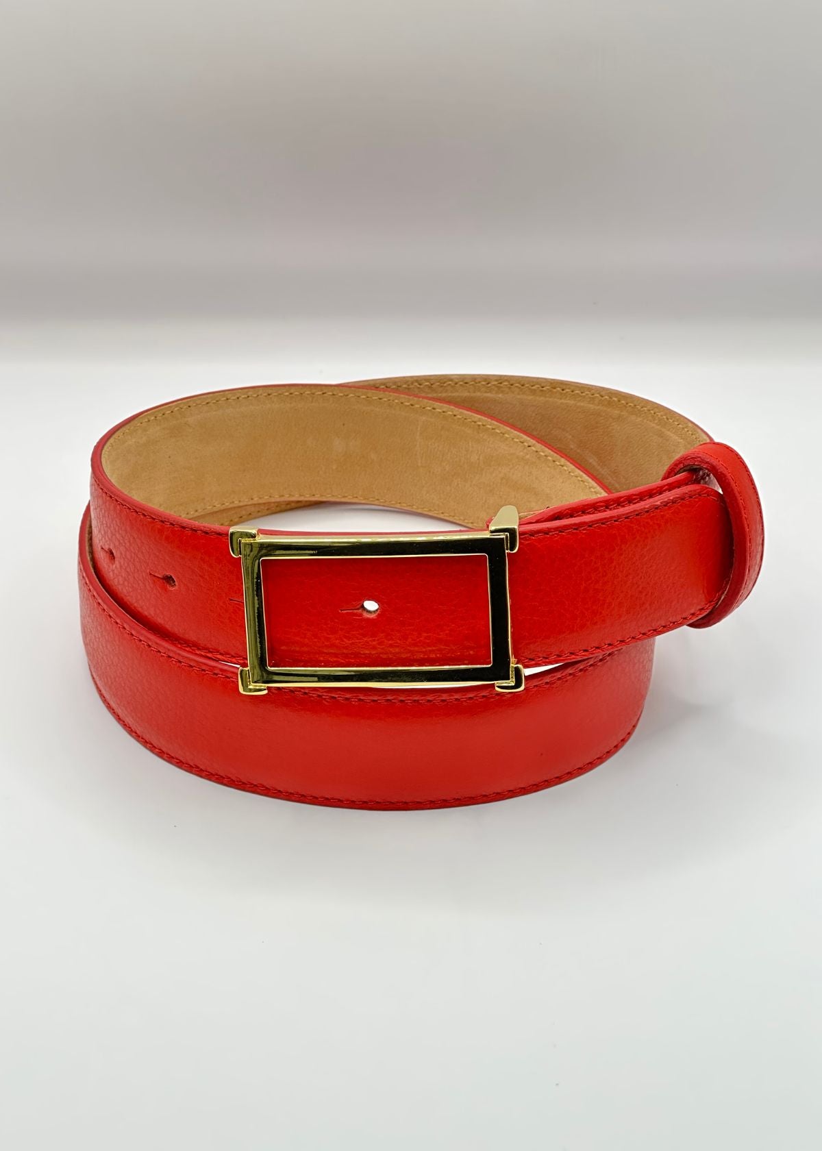 Pebbled Calf Belt with Gold Buckle Red1