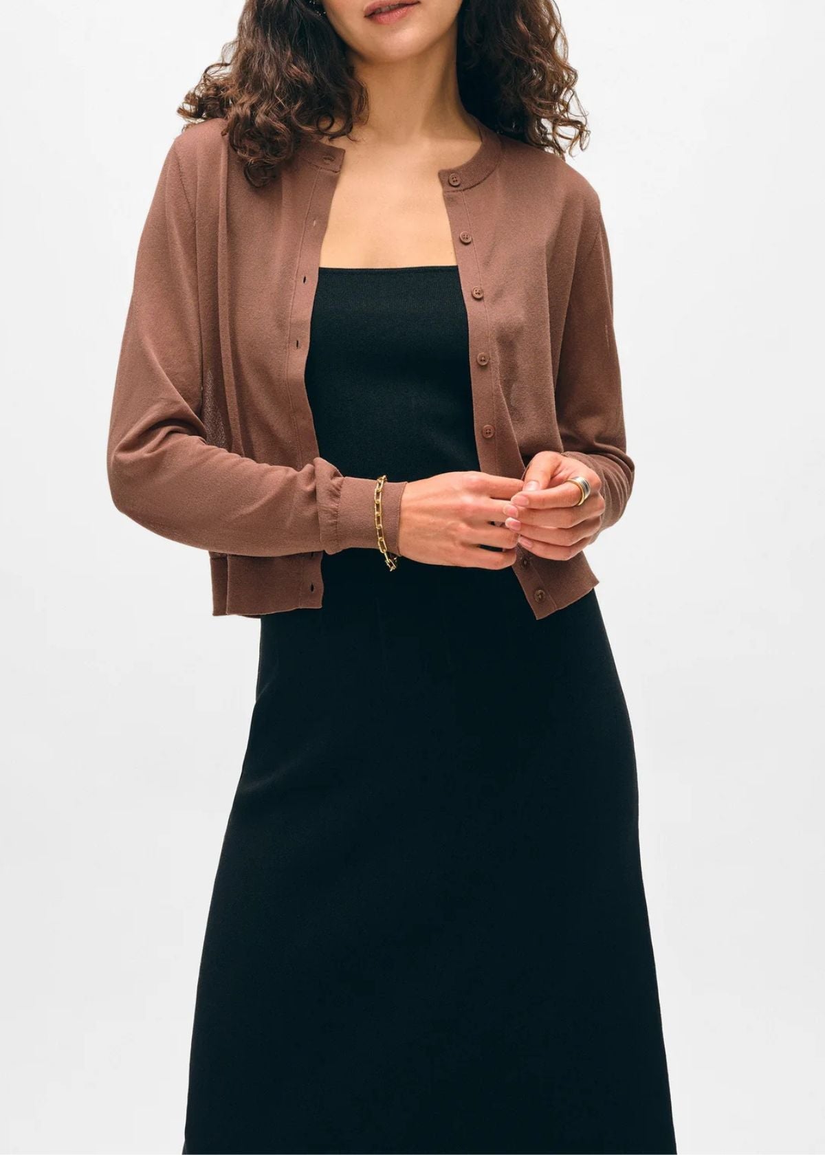 WHITE + WARREN Paperfine Crewneck Cardigan Sweater - Mocha Brown