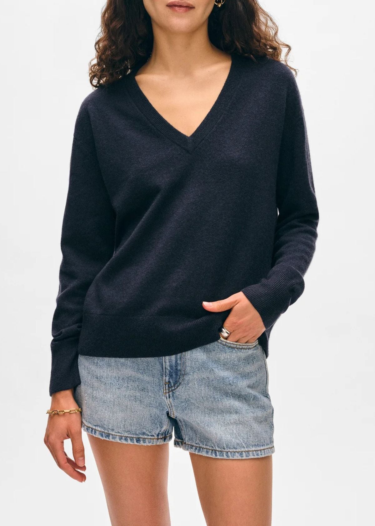 WHITE + WARREN Cashmere V Neck Sweater - Deep Navy