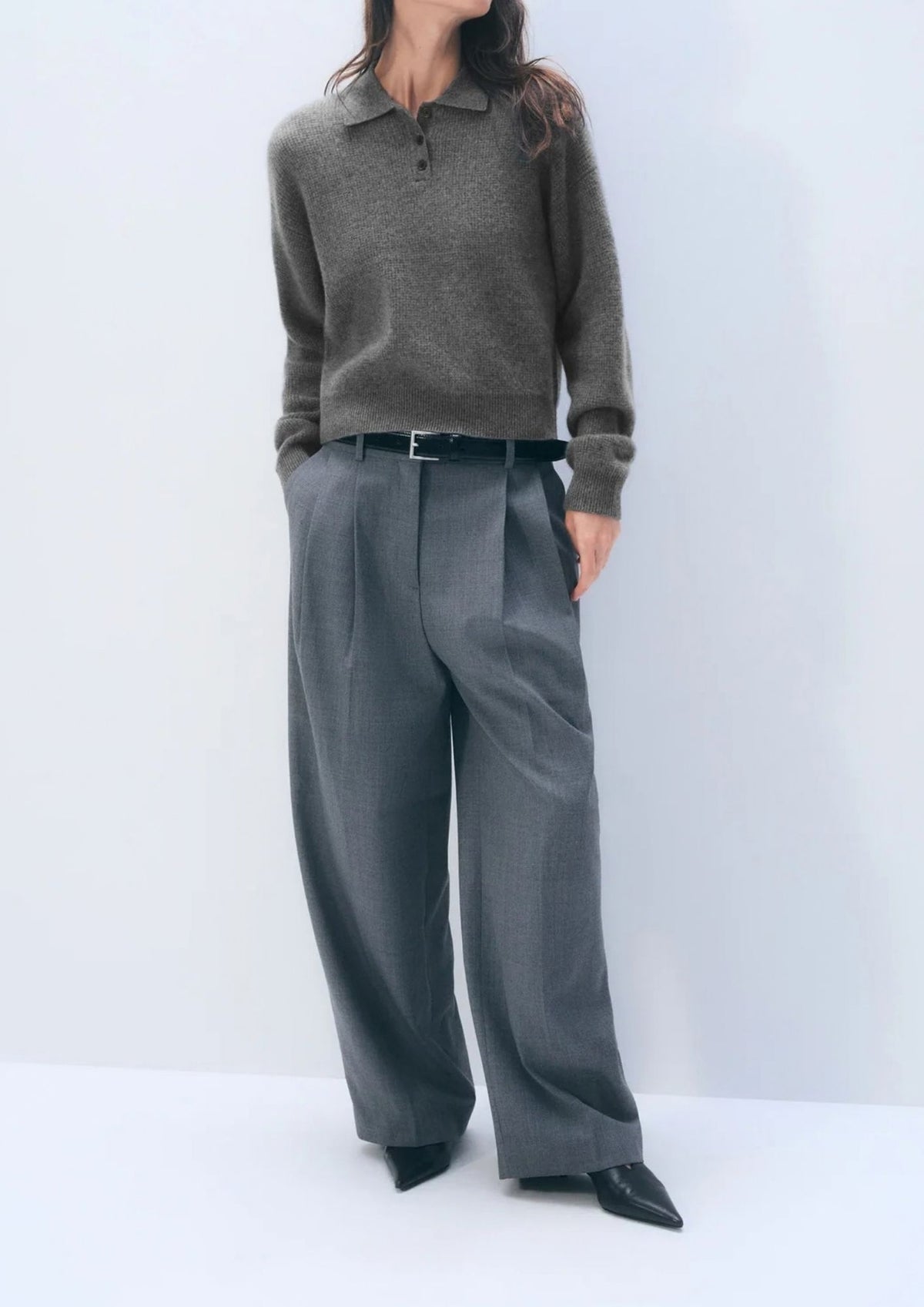 WHITE + WARREN Cashmere Waffle Polo Sweater - Grey Heather