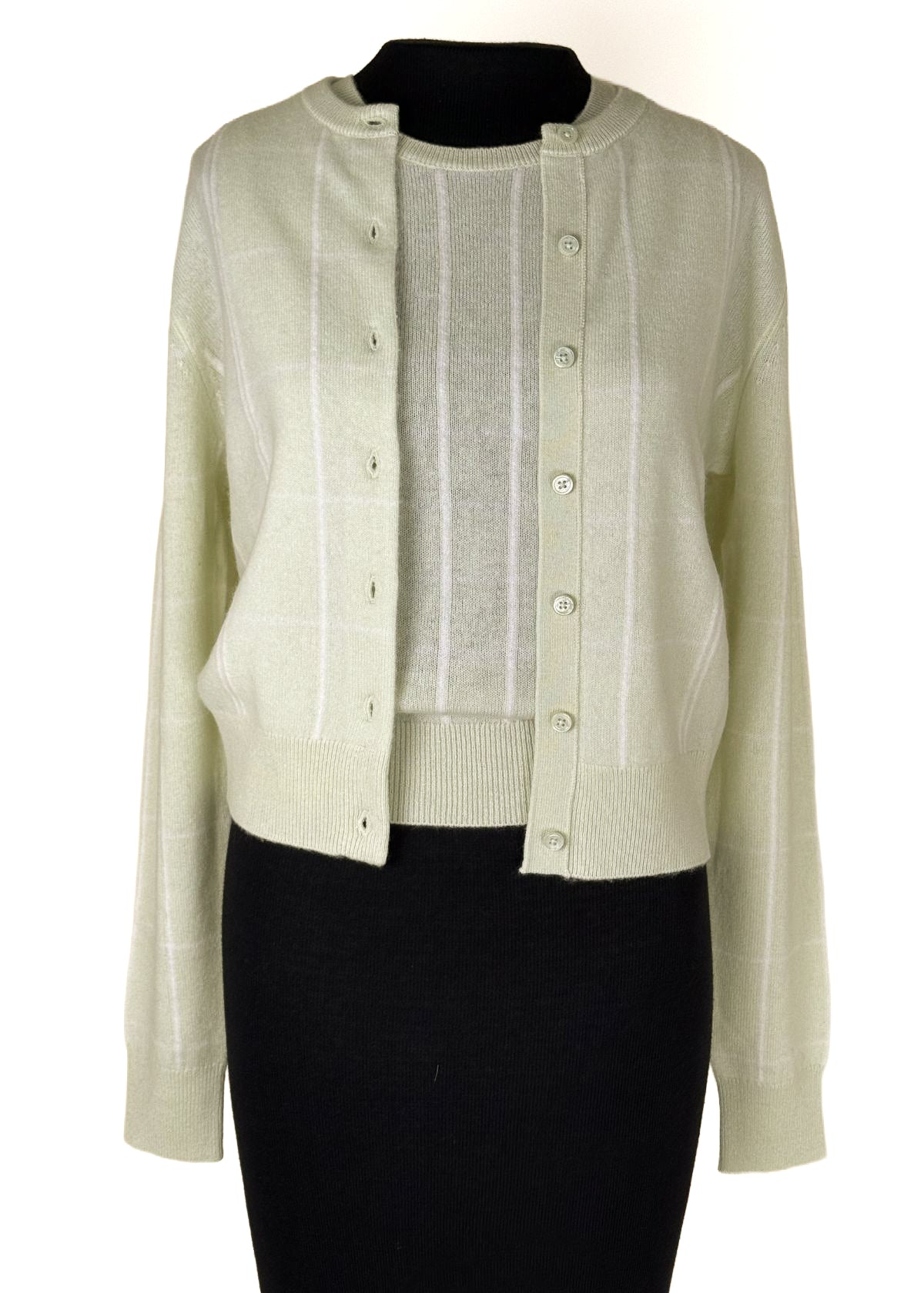 WHITE + WARREN Cashmere Windowpane Cardigan - Pale Pistachio/Soft White Grid