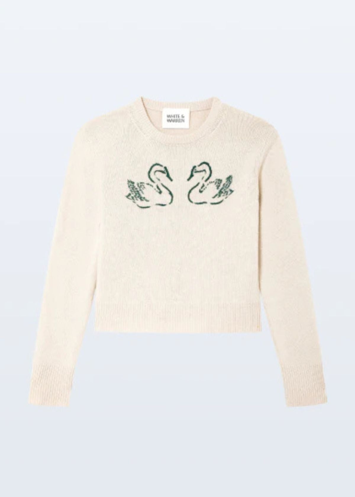 WHITE + WARREN Cashmere Blend Embroidered Swan Sweater - Ivory/Ivy Green