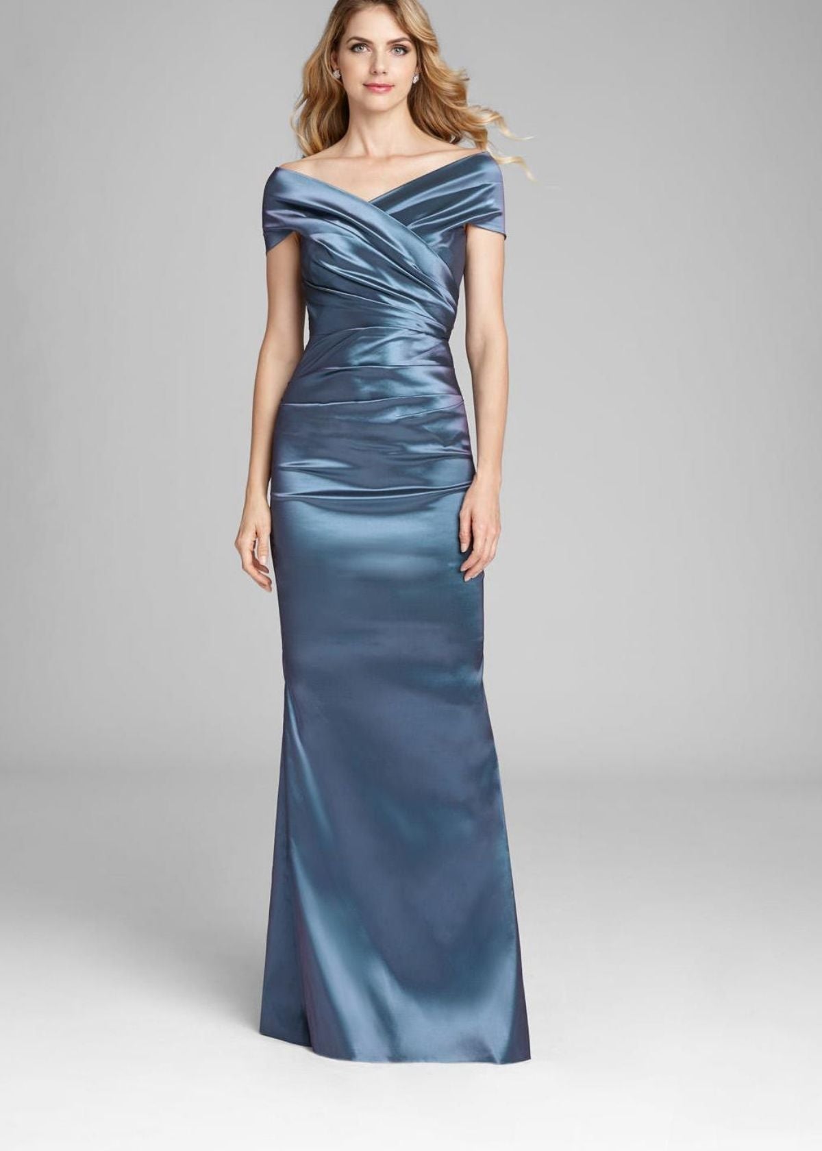 TERI JON Off The Shoulder Portrait Gown - Slate