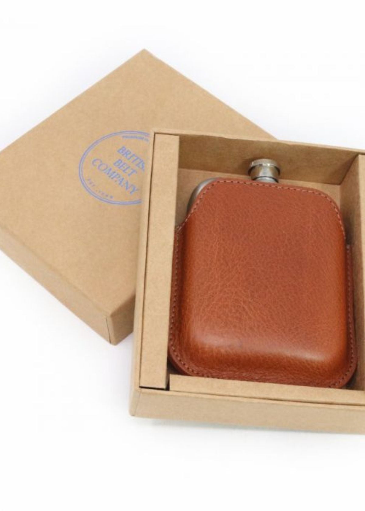 BRITISH BELT COMPANY Steel Hip Flask with Tan Italian Leather Sleeve