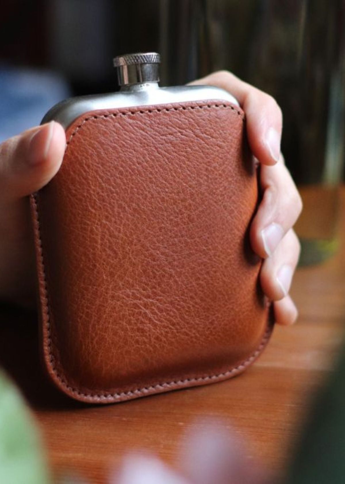 BRITISH BELT COMPANY Steel Hip Flask with Tan Italian Leather Sleeve