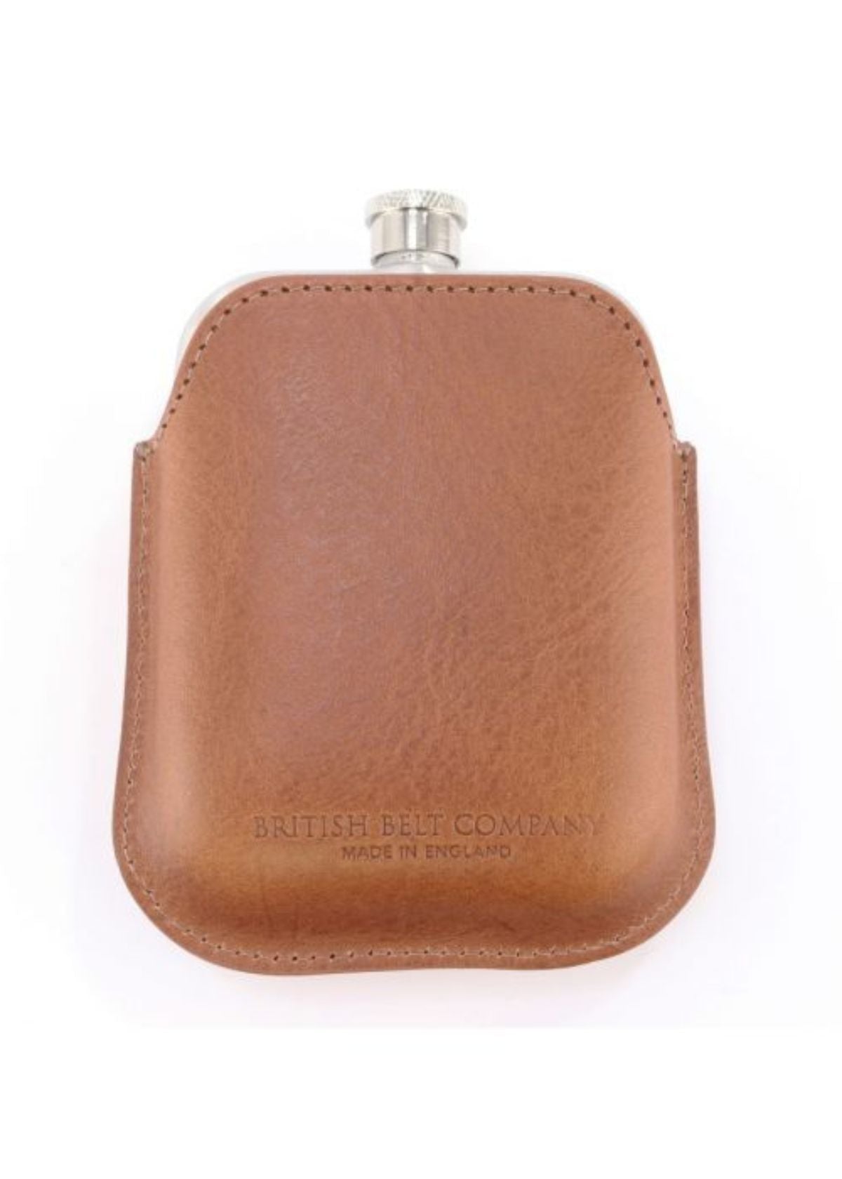 BRITISH BELT COMPANY Steel Hip Flask with Tan Italian Leather Sleeve