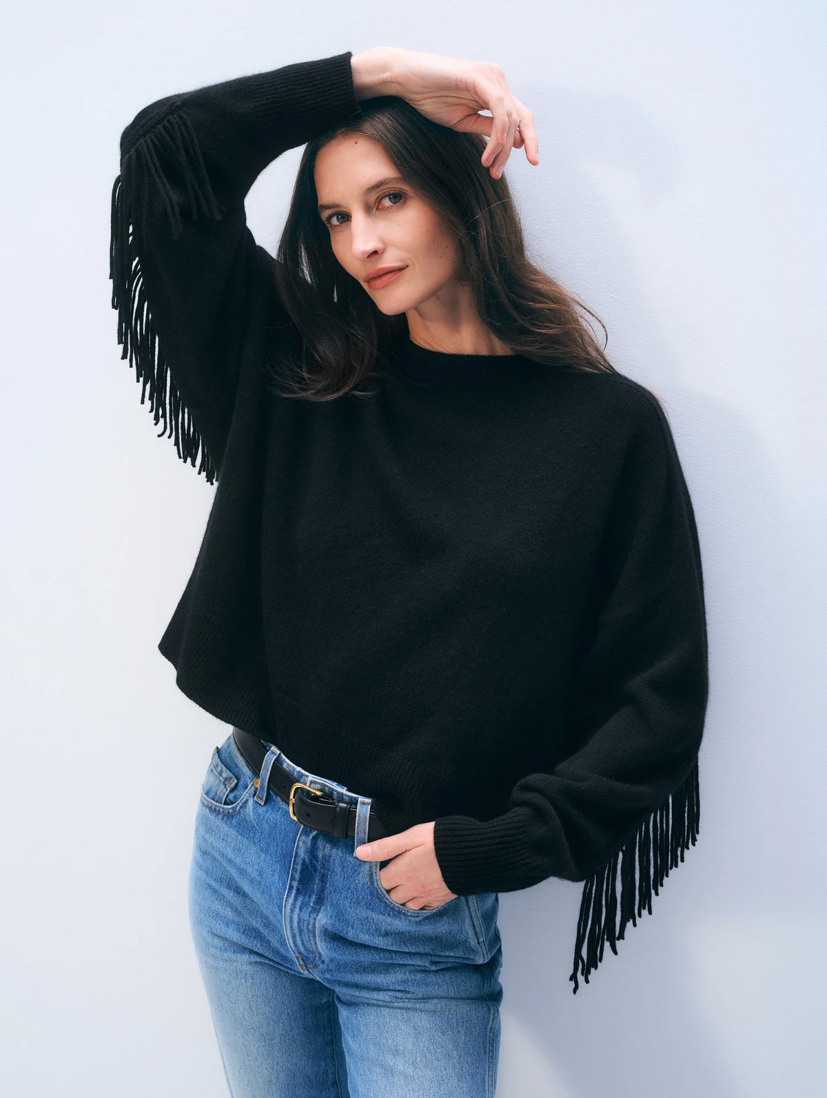 WHITE + WARREN Cashmere Blend Luxe Fringe Crew Sweater - Black