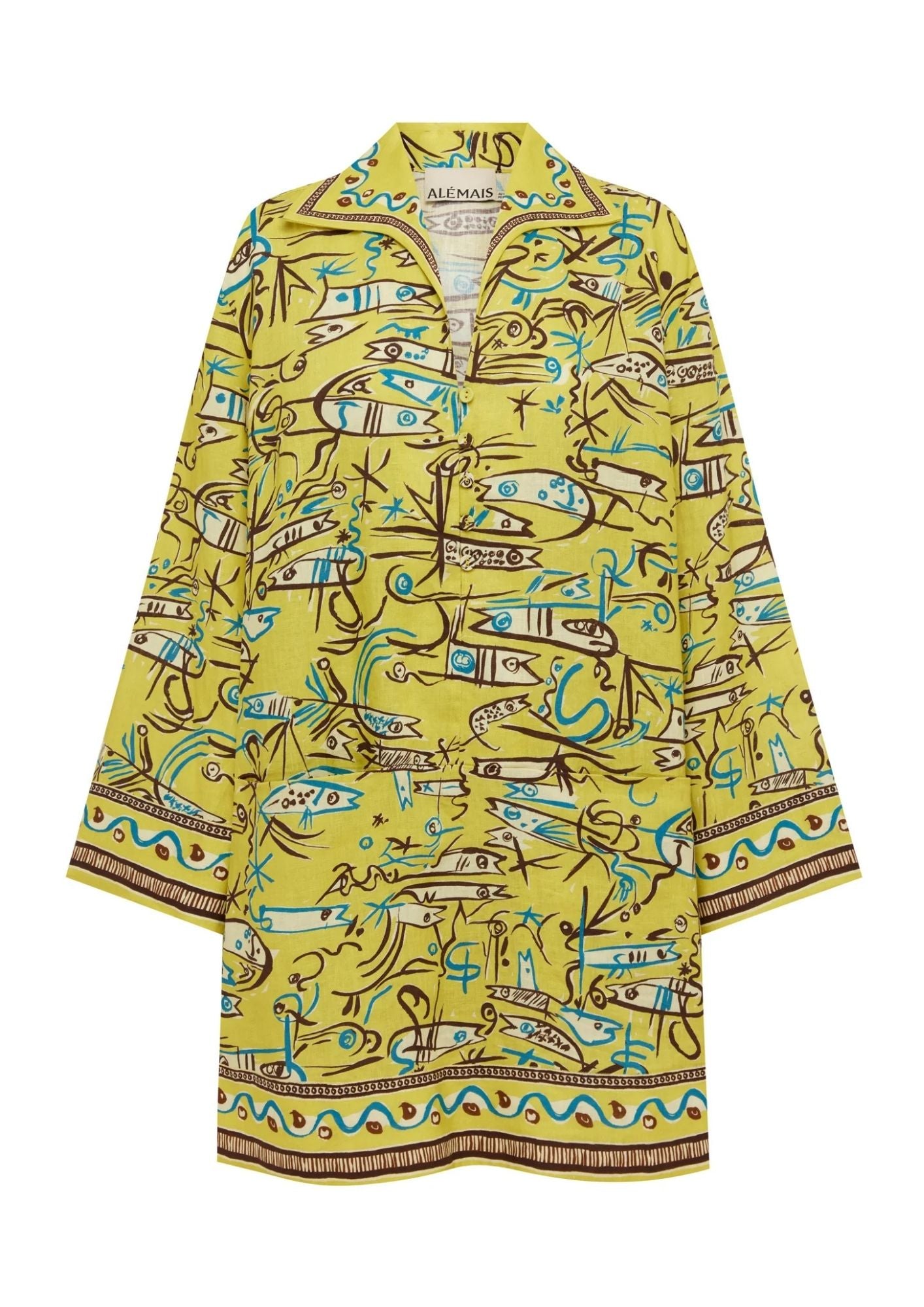 ALEMAIS Fish Sticks Long Sleeve Mini Dress - Yellow