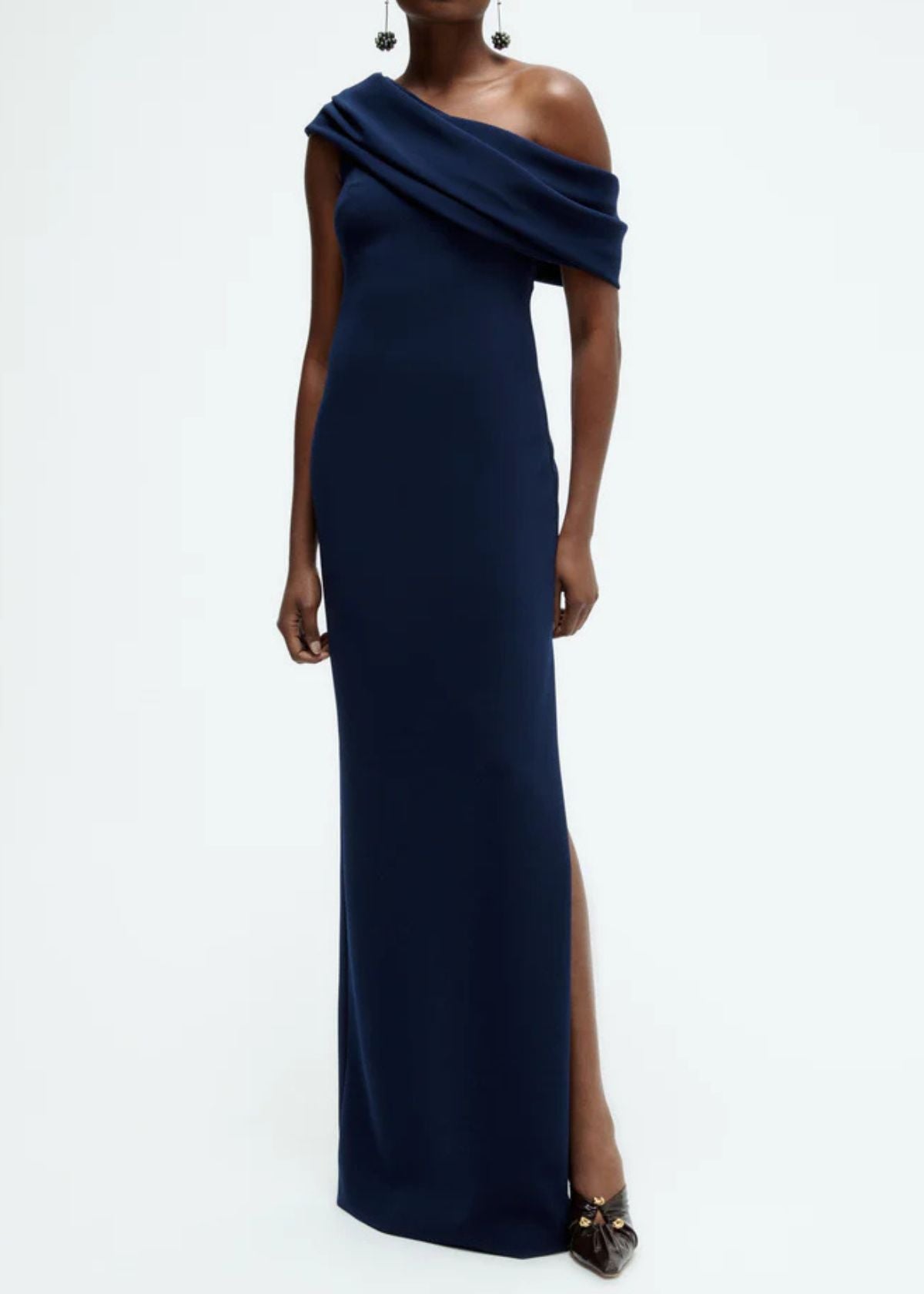 AMSALE Draped Off-The-Shoulder Gown - Navy