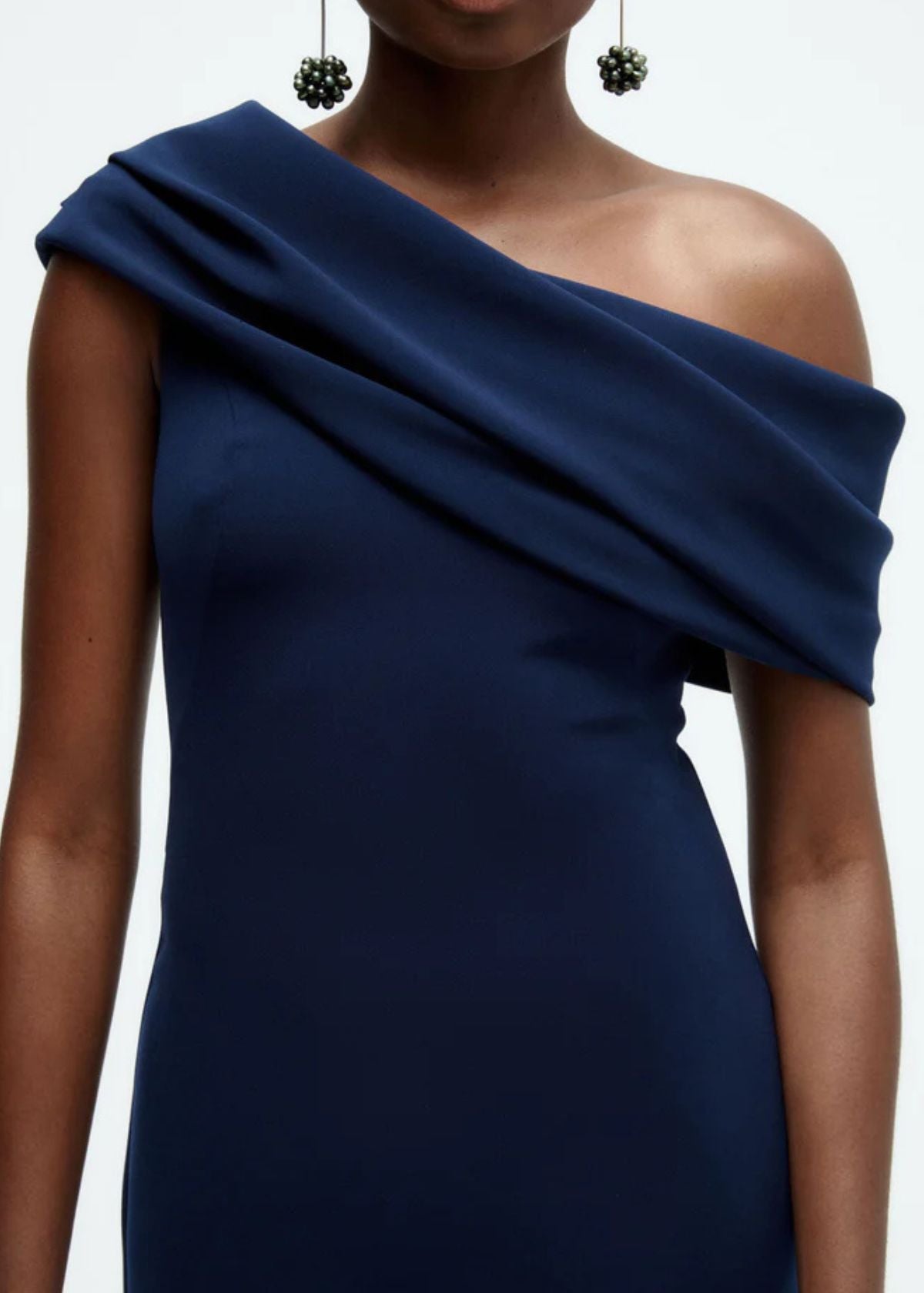 AMSALE Draped Off-The-Shoulder Gown - Navy