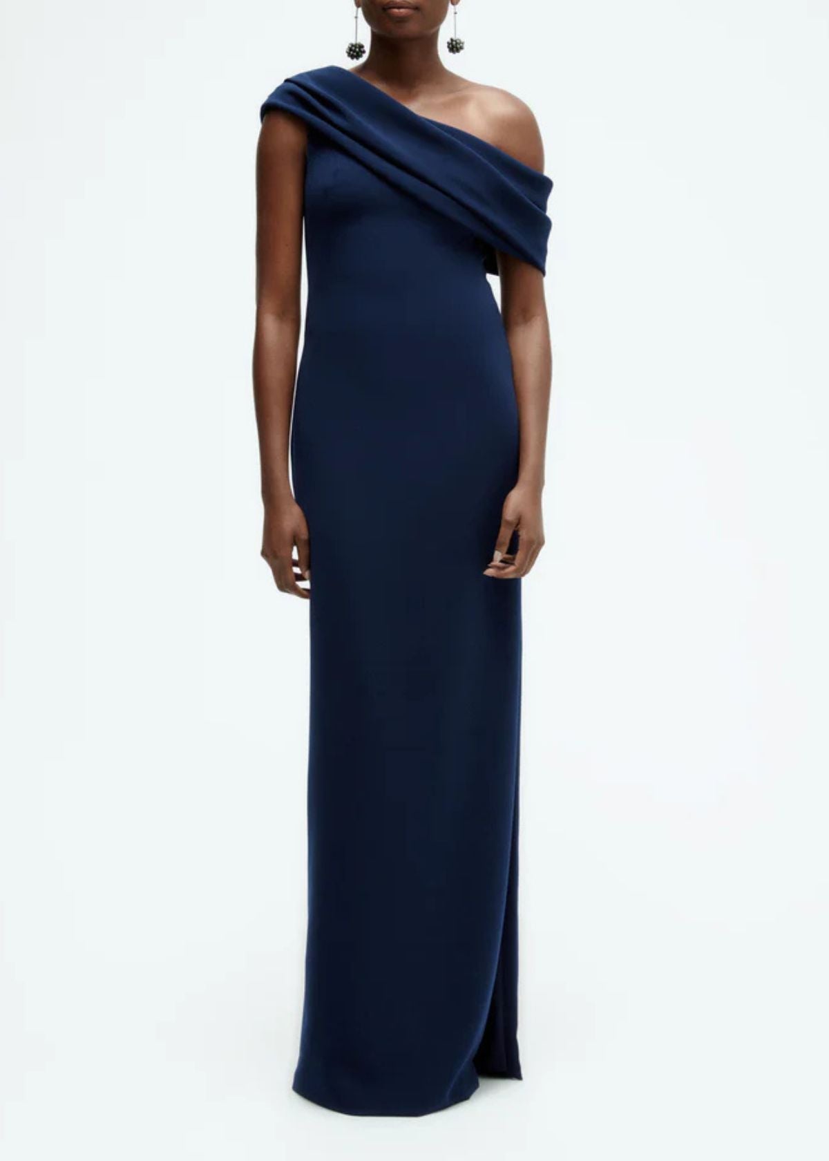 AMSALE Draped Off-The-Shoulder Gown - Navy