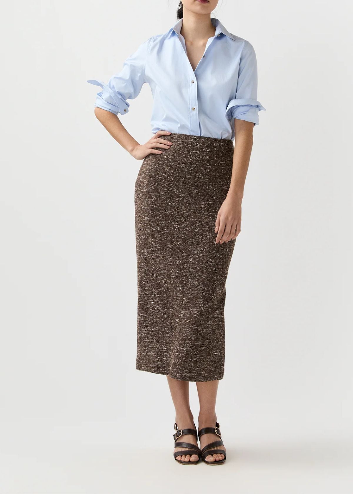ANN MASHBURN Long Pull On Skirt - Brown/Ivory Speckled Knit