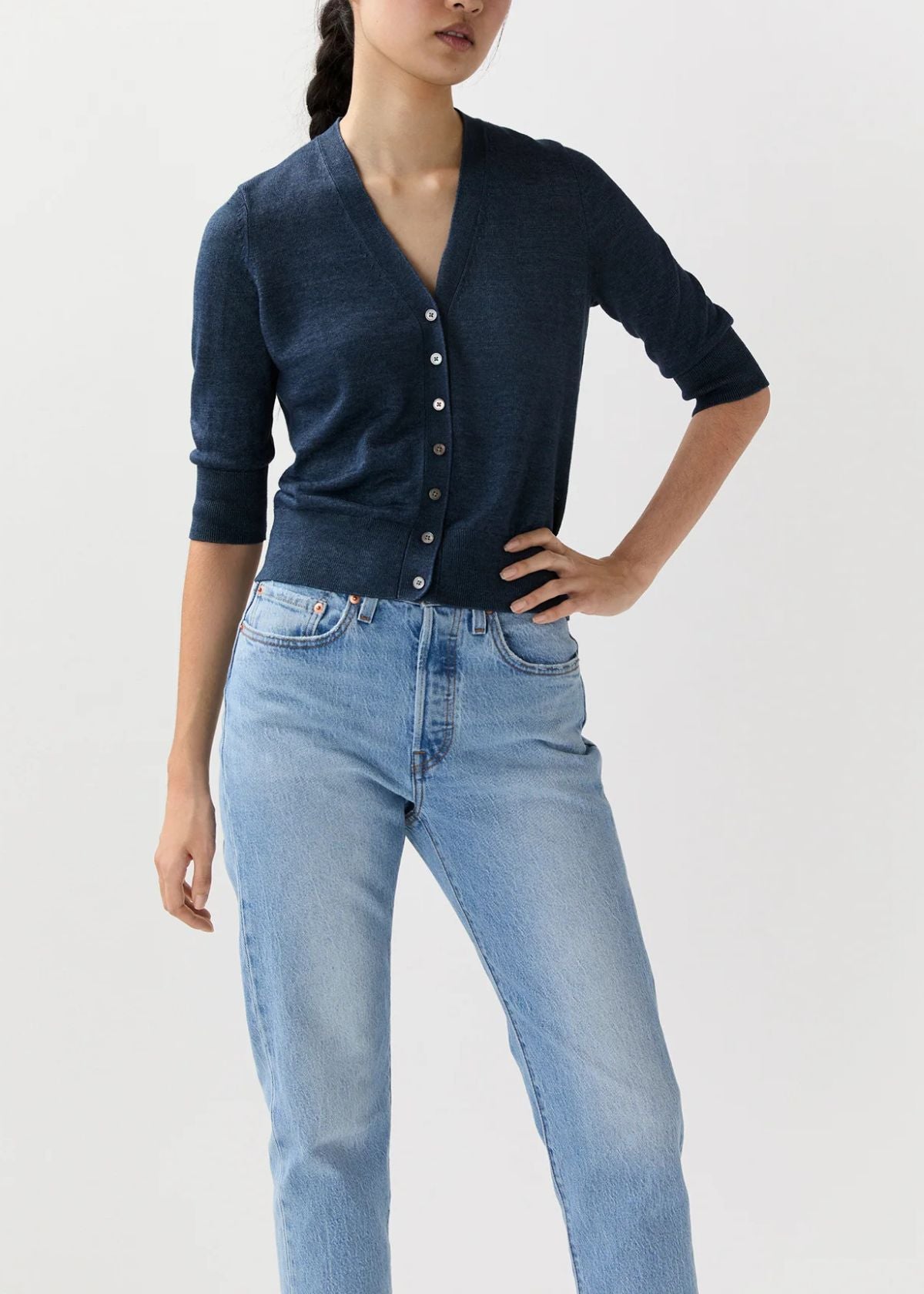 ANN MASHBURN Rosie Short Sleeve Cardigan - Deep Indigo Linen