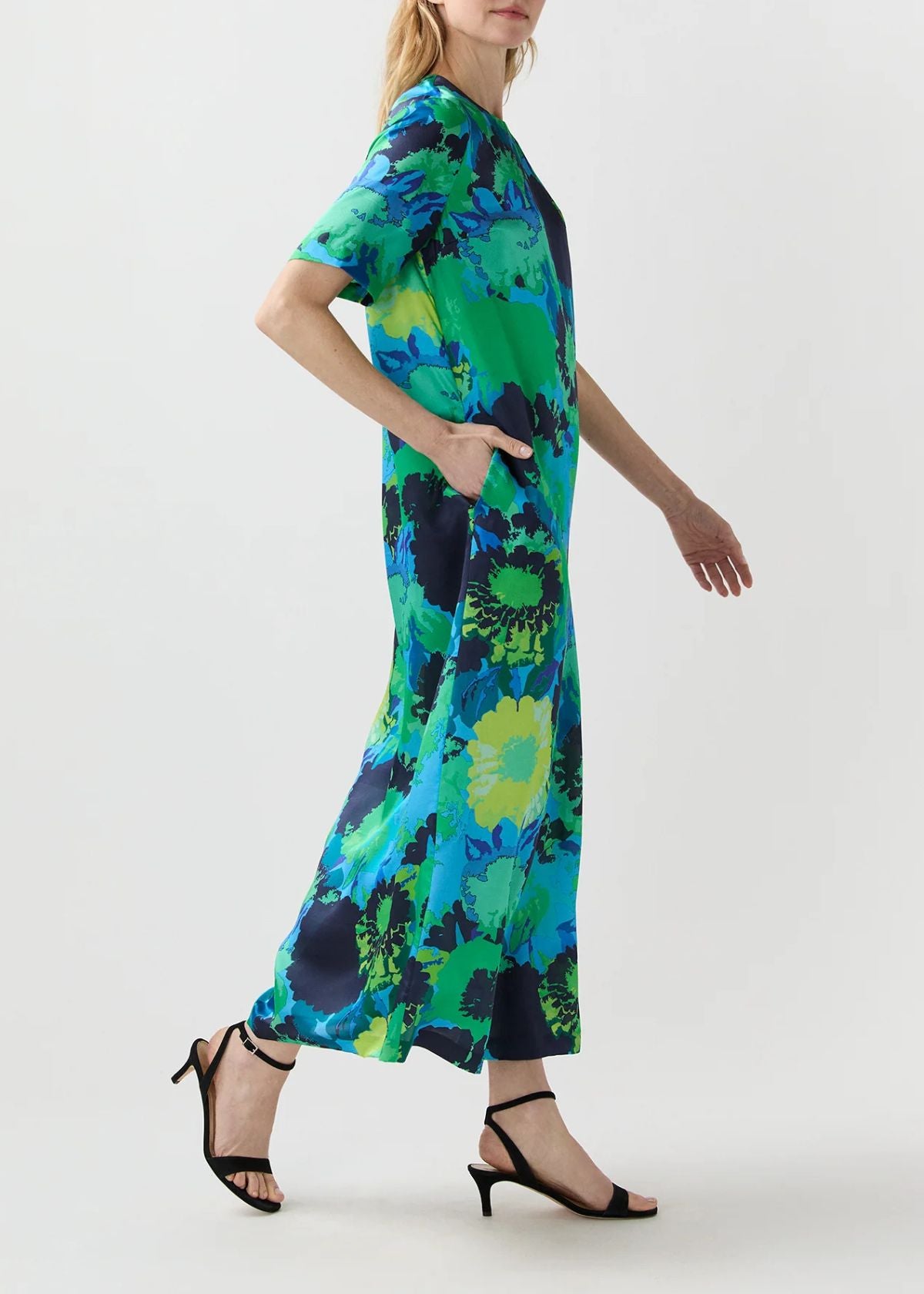 ANN MASHBURN Paige Maxi Dress - Blue/Green Floral Printed Silk Charmeuse