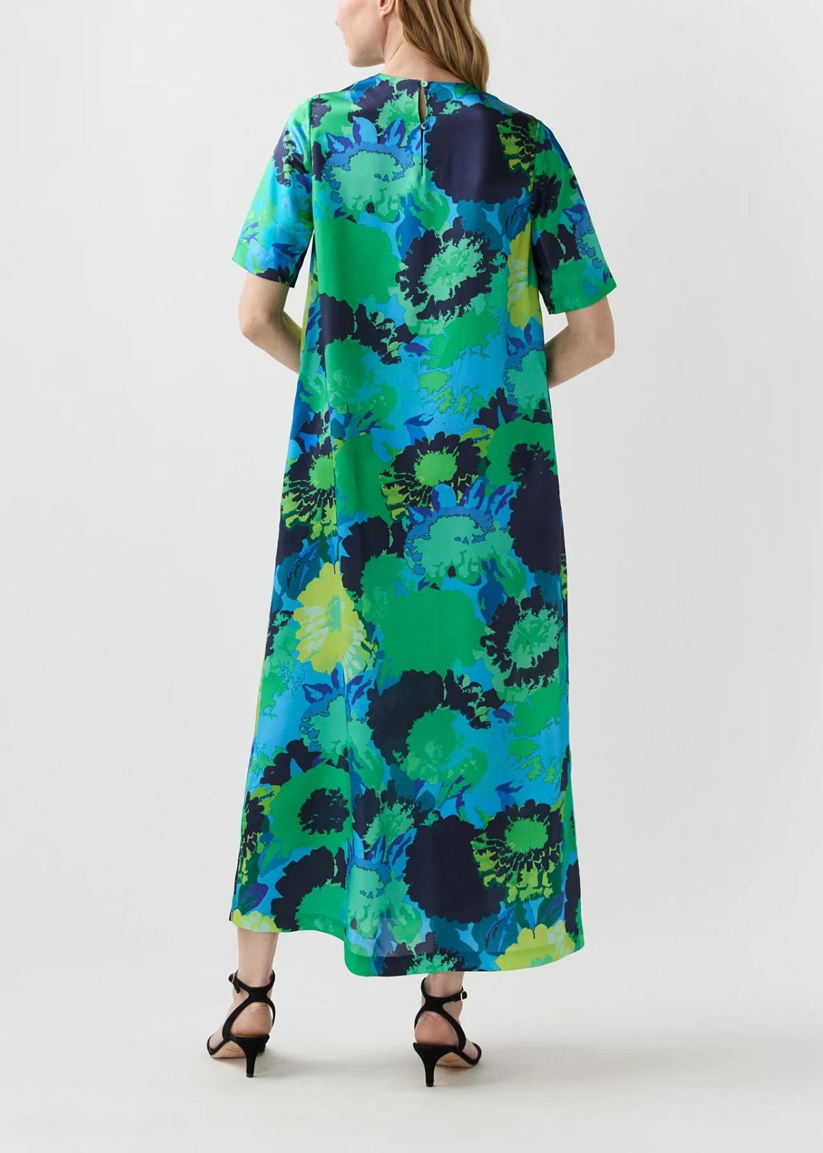 ANN MASHBURN Paige Maxi Dress - Blue/Green Floral Printed Silk Charmeuse