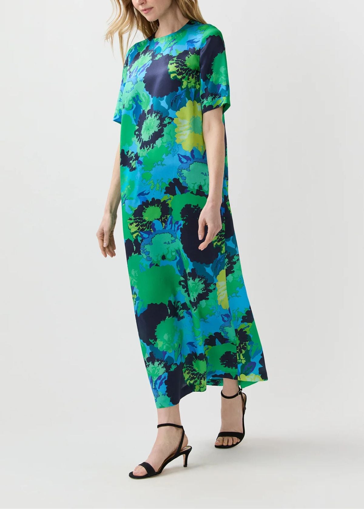 ANN MASHBURN Paige Maxi Dress - Blue/Green Floral Printed Silk Charmeuse