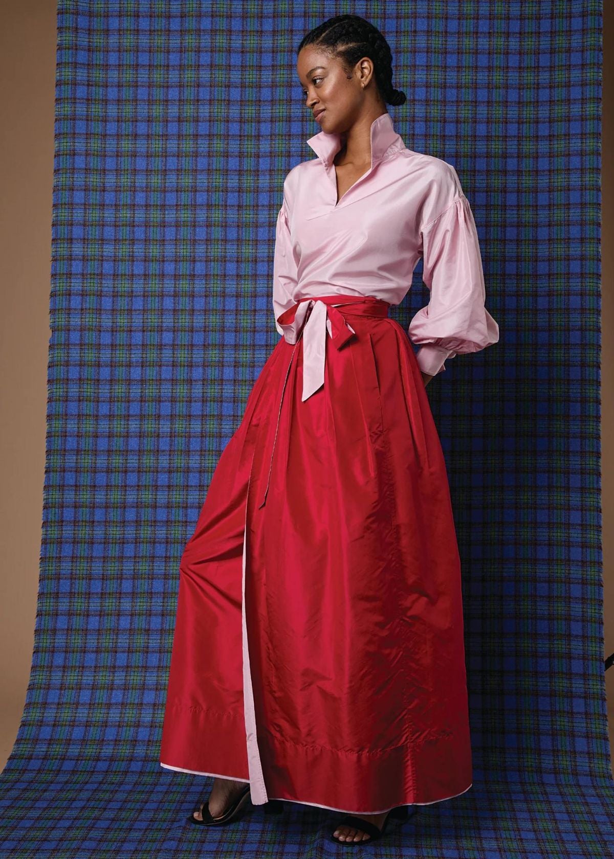 ANN MASHBURN Reversible Pleated Wrap Skirt - Light Pink/Red Silk Taffeta