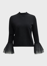 AUTUMN CASHMERE Tulle Cuff Mock Neck Sweater - Black