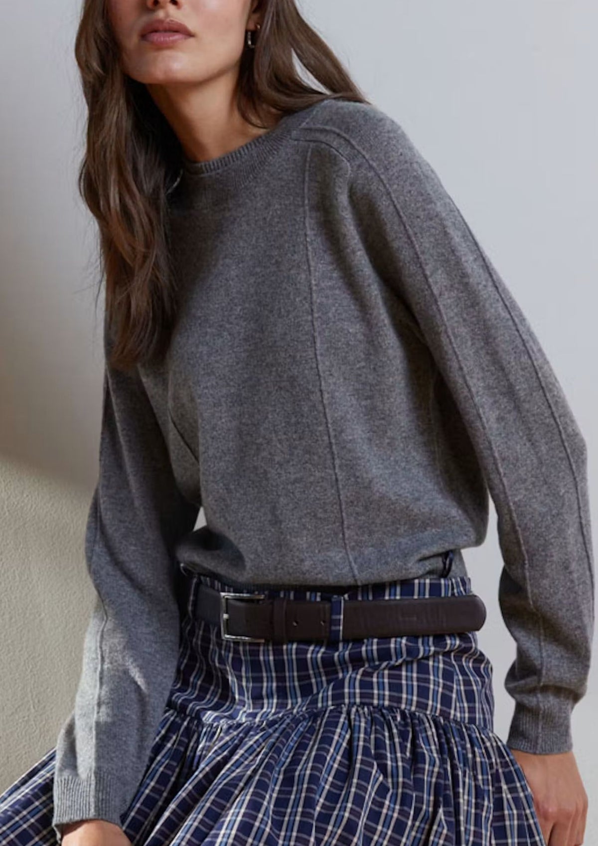 AUTUMN CASHMERE Seamed Crew with Double Neck Height Sweater - Cement