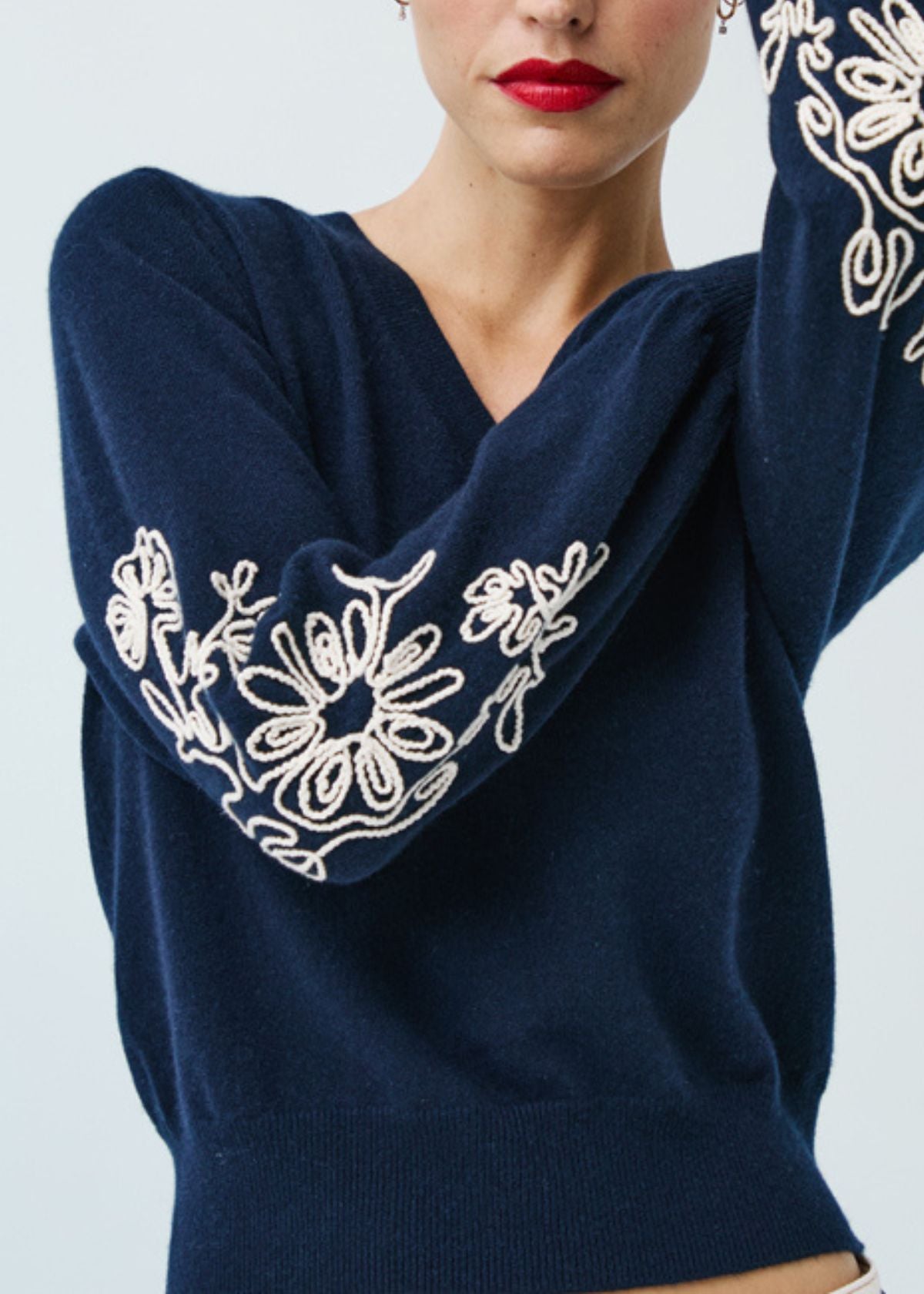 AUTUMN CASHMERE Puff Sleeve V-Neck Sweater - Navy