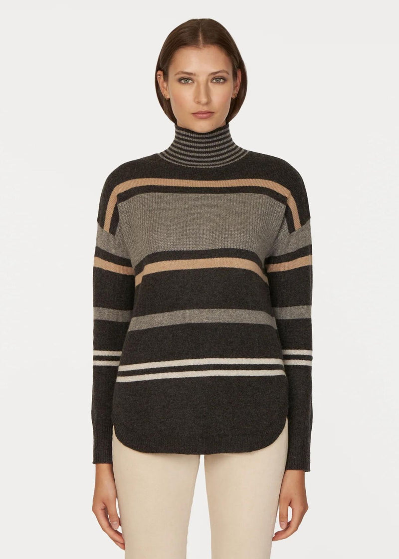 AUTUMN CASHMERE Striped Mock Sweater with Shirttail - Pepper Combo