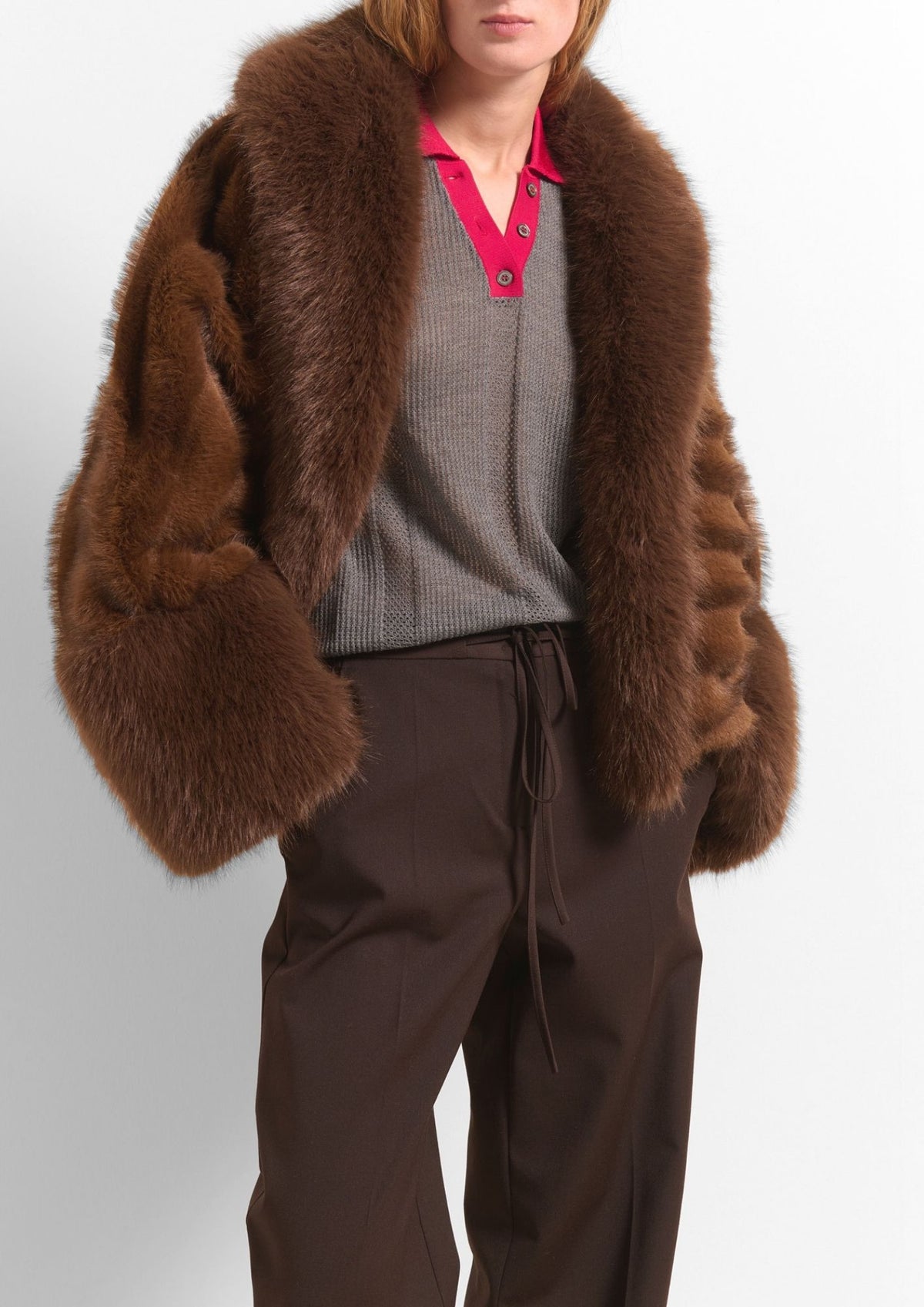 BEATRICE B. Cropped Faux Fur Jacket - Brown