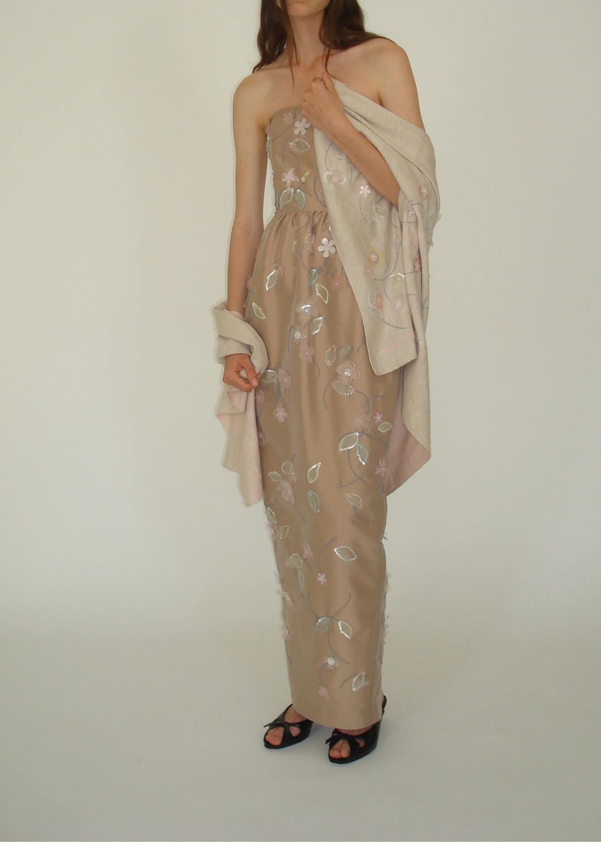 BERNADETTE Shirene Embroidered Shawl - Beige/Pale Pink
