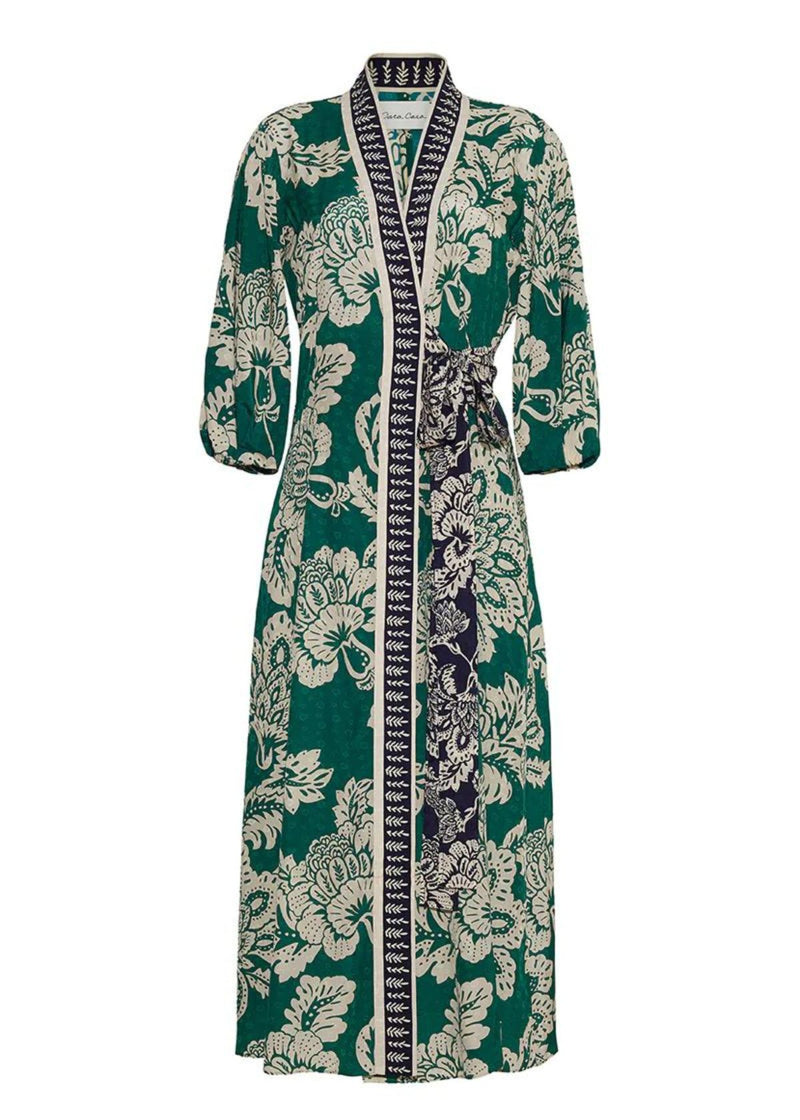 CARA CARA Rosewood Silk Dress - Flora Stamp Green